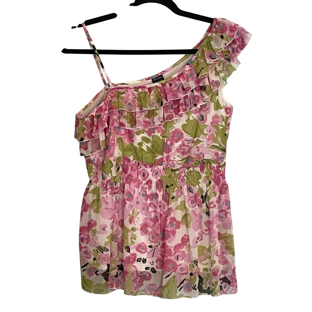 Y2K Nicole by Nicole Miller Pink Garden Floral One Shoulder Ruffle Babydoll Top